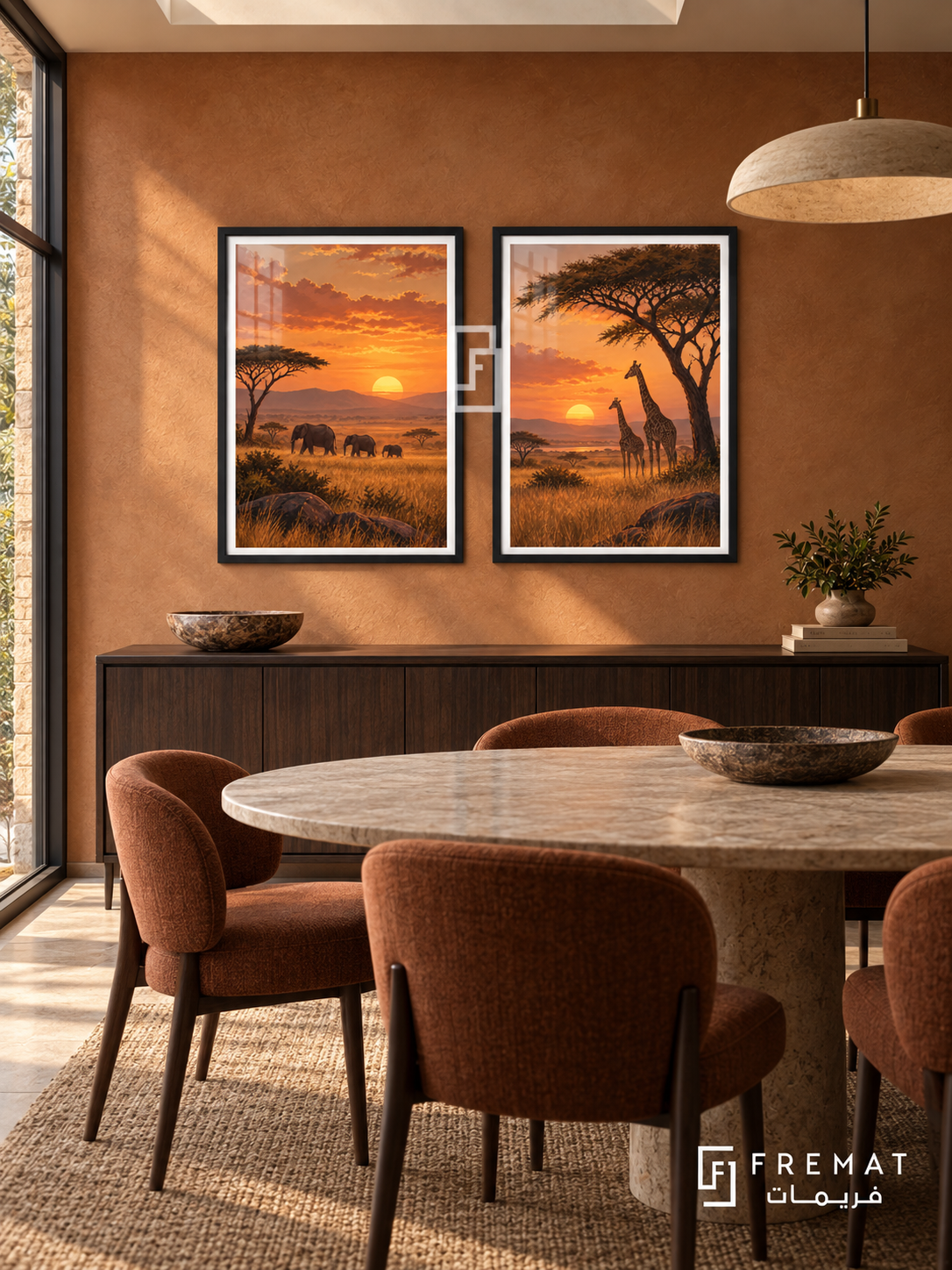 Savanna Sunset — set of two travel artworks in Black frames.