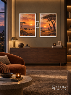 Savanna Sunset — set of two travel artworks in Gold frames.