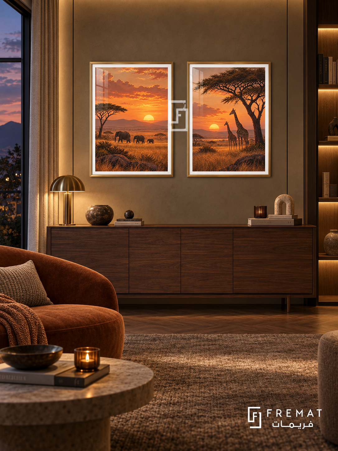 Savanna Sunset — set of two travel artworks in Gold frames.