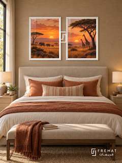 Savanna Sunset — set of two travel artworks in White frames.