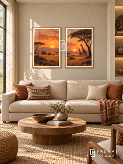 Savanna Sunset — set of two travel artworks in Wooden Texture frames.