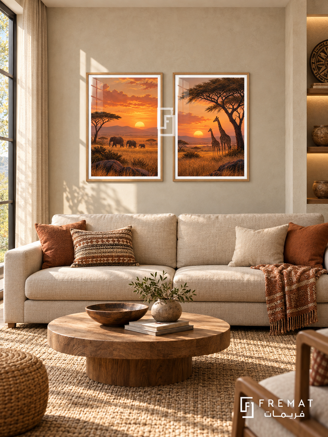 Savanna Sunset — set of two travel artworks in Wooden Texture frames.