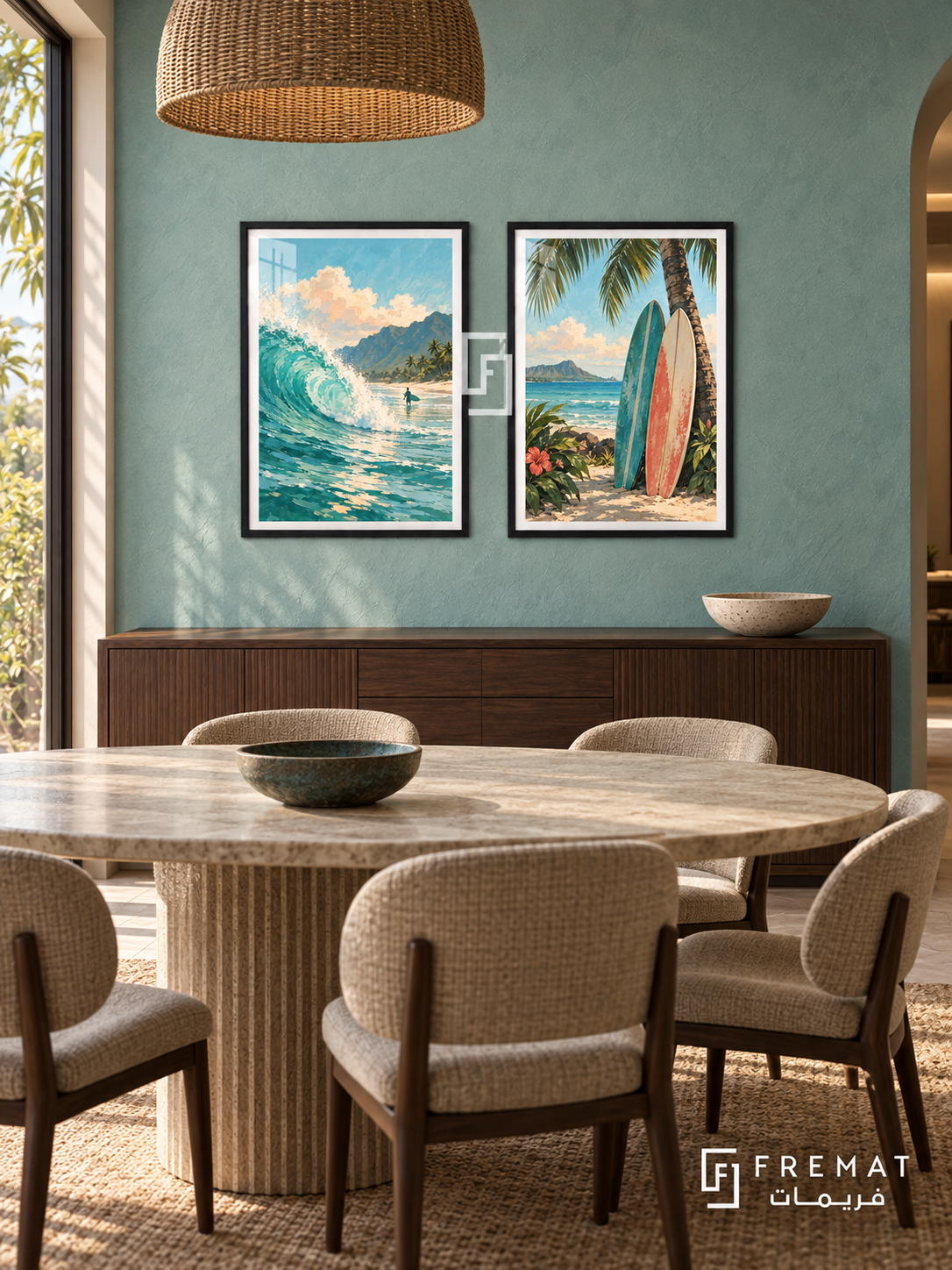 Pacific Surf — set of two travel artworks in Black frames.