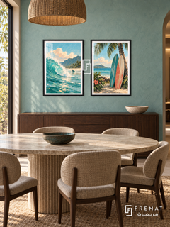 Pacific Surf — set of two travel artworks in Black frames.