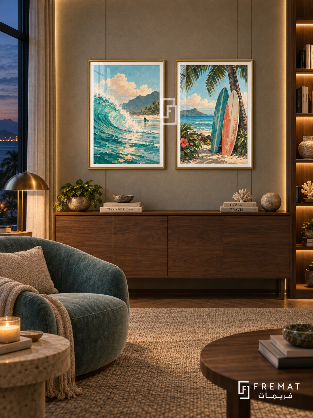 Pacific Surf — set of two travel artworks in Gold frames.