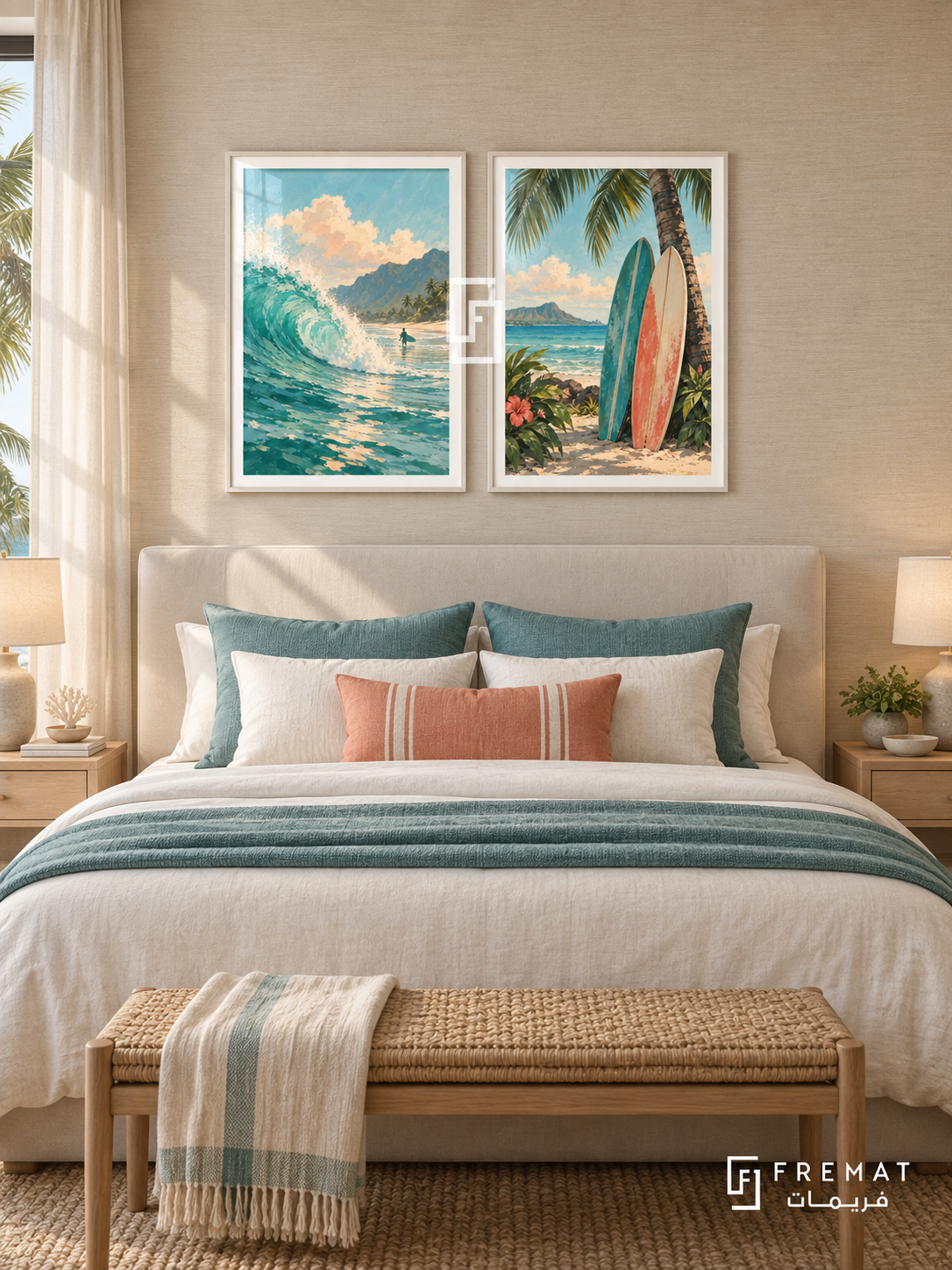 Pacific Surf — set of two travel artworks in White frames.