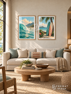 Pacific Surf — set of two travel artworks in Wooden Texture frames.
