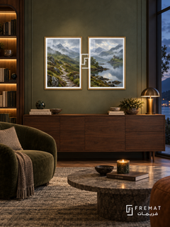 Misty Highlands — set of two travel artworks in Gold frames.