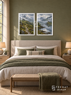 Misty Highlands — set of two travel artworks in White frames.