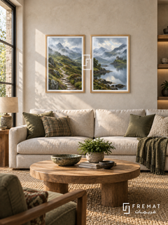 Misty Highlands — set of two travel artworks in Wooden Texture frames.