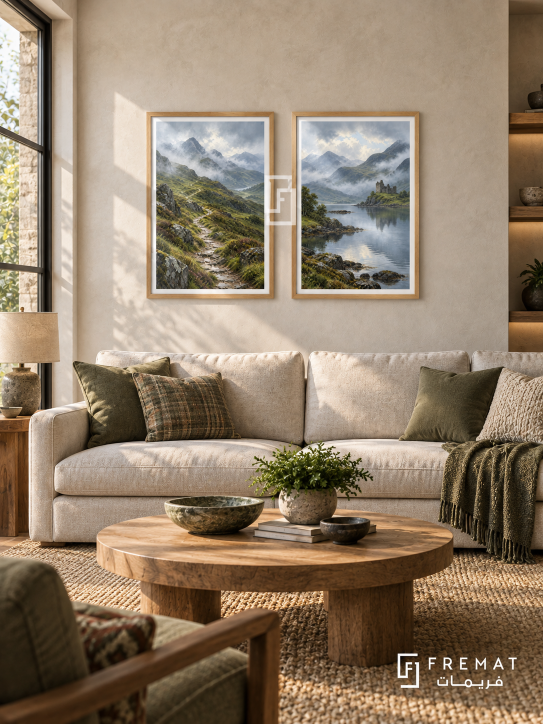 Misty Highlands — set of two travel artworks in Wooden Texture frames.