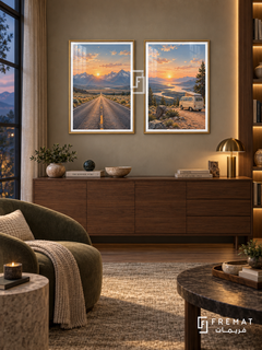 Open Horizon — set of two travel artworks in Gold frames.