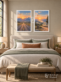 Open Horizon — set of two travel artworks in White frames.