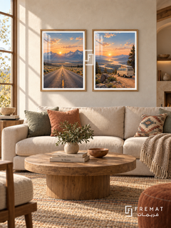 Open Horizon — set of two travel artworks in Wooden Texture frames.