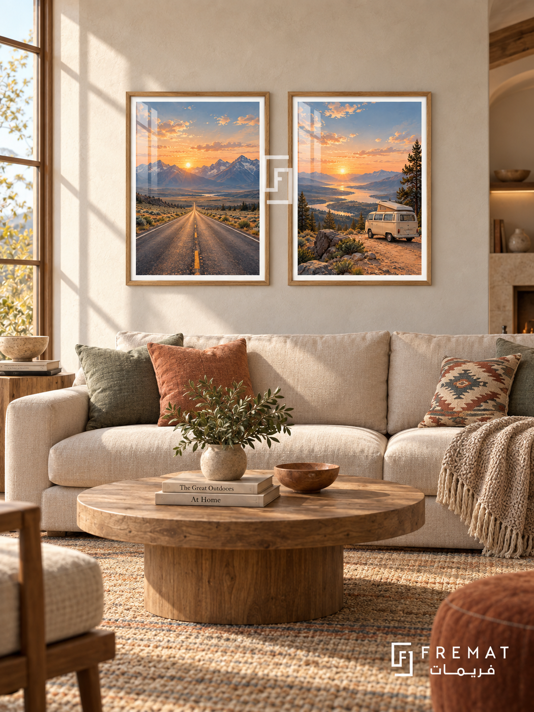 Open Horizon — set of two travel artworks in Wooden Texture frames.