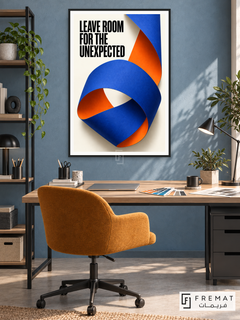 Unexpected Room (quo01), English quote artwork in a slim matte black PVC frame with a white printed border. Graphic design office.