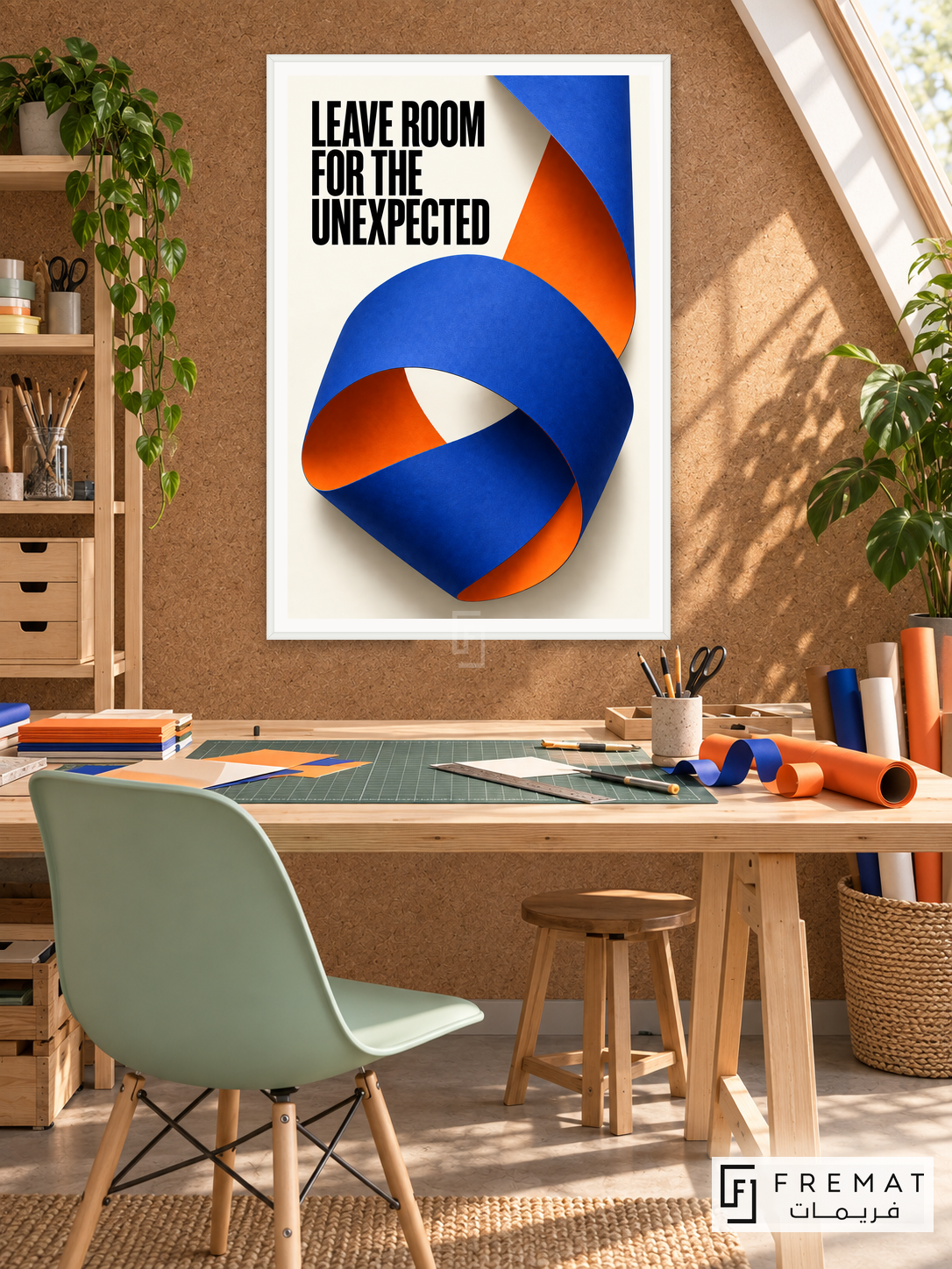 Unexpected Room (quo01), English quote artwork in a slim satin white PVC frame with a white printed border. Paper sculpture workshop.