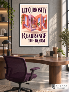 Curiosity Rooms (quo02), English quote artwork in a slim matte black PVC frame with a white printed border. Experimental creative office.