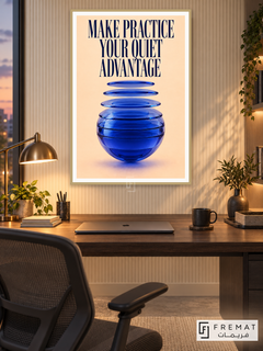 Quiet Practice (quo03), English quote artwork in a slim champagne gold PVC frame with a white printed border. Quiet coding office.