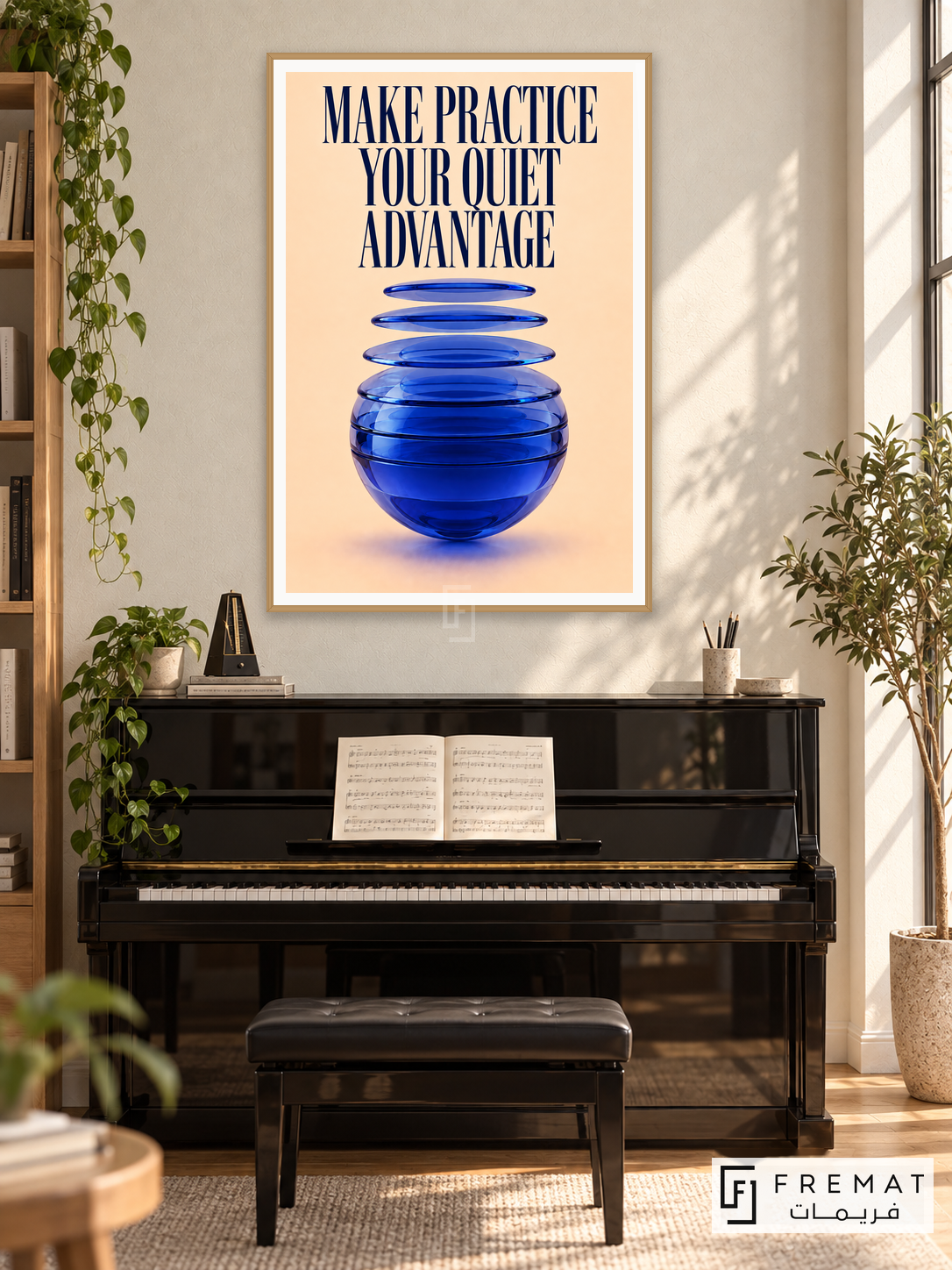 Quiet Practice (quo03), English quote artwork in a slim light wood-grain PVC frame with a white printed border. Piano practice studio.