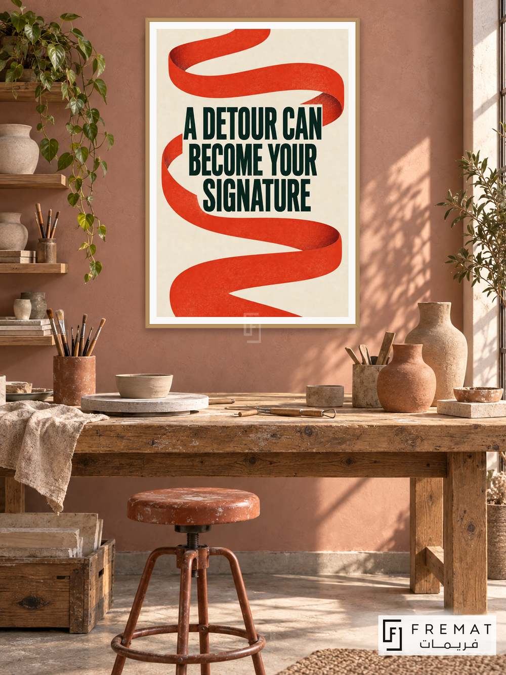 Signature Detour (quo04), English quote artwork in a slim light wood-grain PVC frame with a white printed border. Ceramic artist workshop.