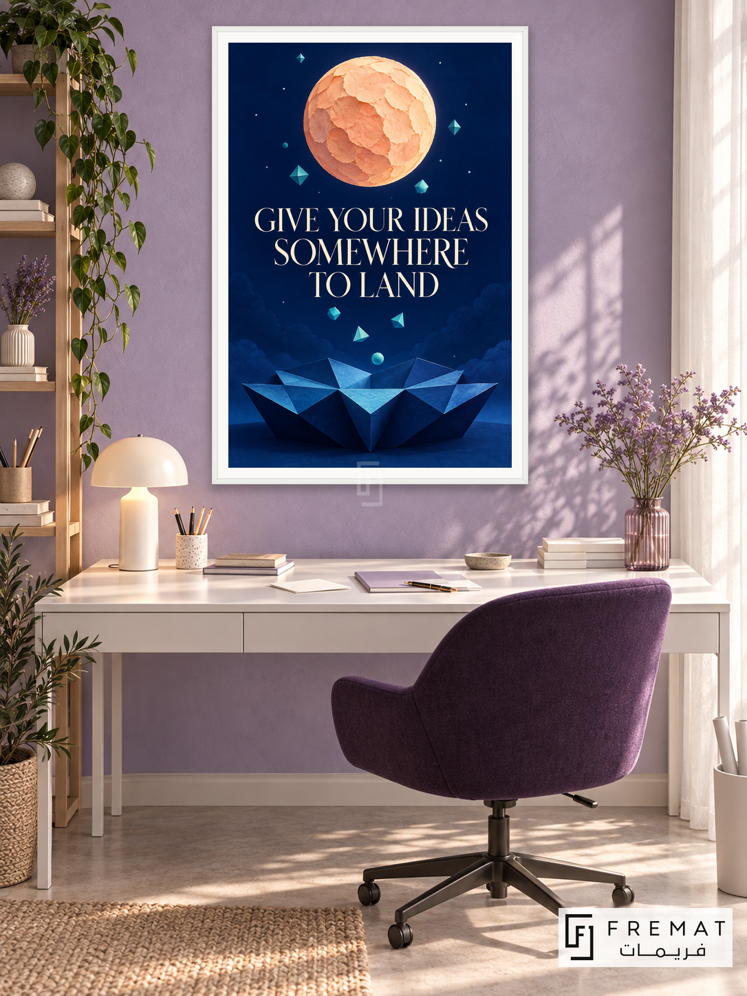 Ideas Landing (quo05), English quote artwork in a slim satin white PVC frame with a white printed border. Writer idea room.