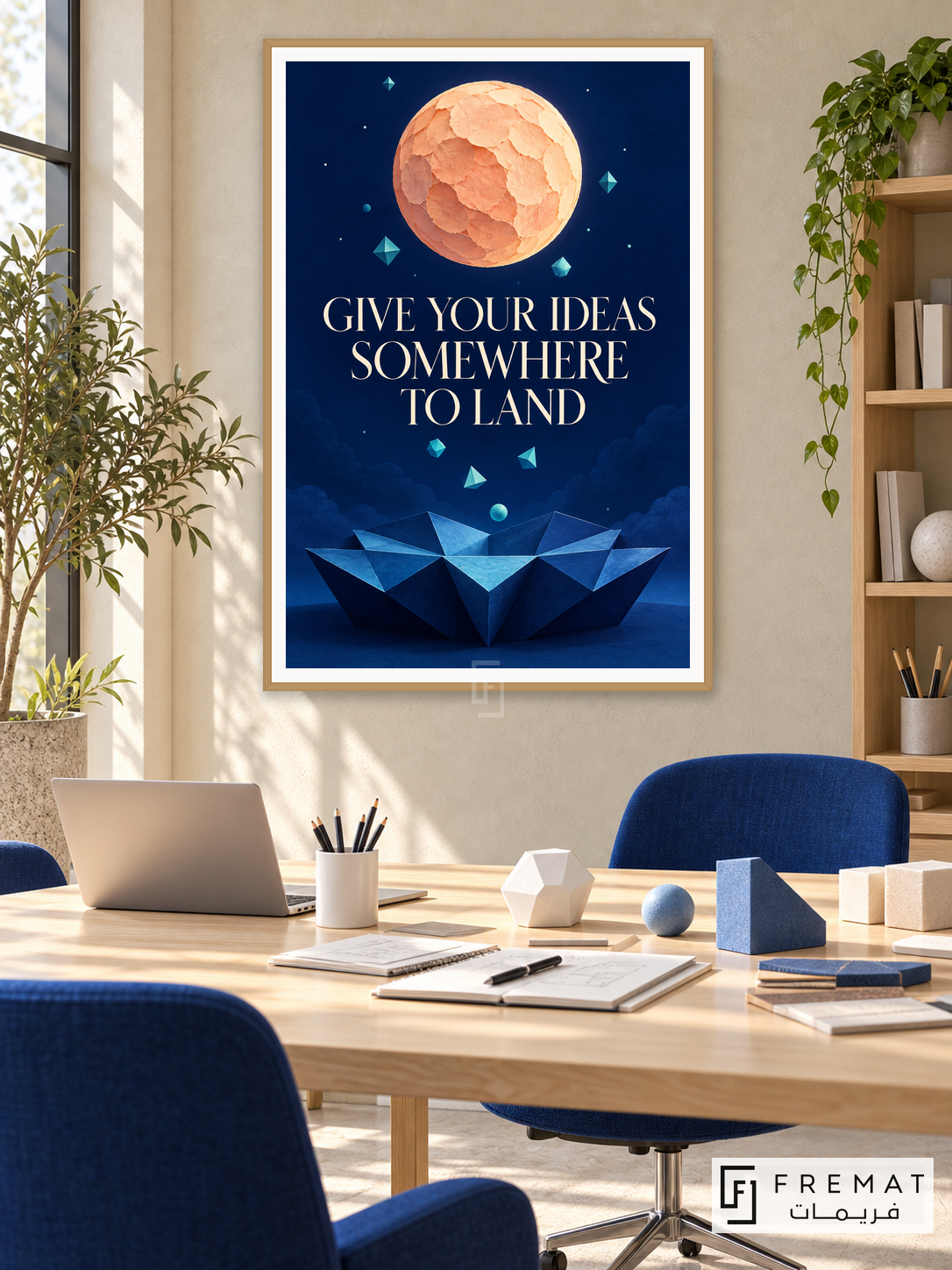 Ideas Landing (quo05), English quote artwork in a slim light wood-grain PVC frame with a white printed border. Product ideation office.