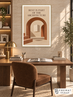 Architecture of Rest (quo06), English quote artwork in a slim champagne gold PVC frame with a white printed border. Architectural library alcove.