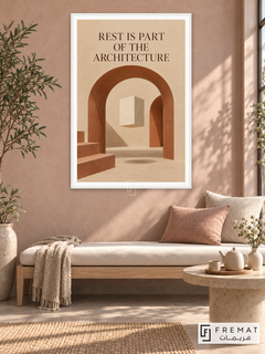 Architecture of Rest (quo06), English quote artwork in a slim satin white PVC frame with a white printed border. Studio break nook.
