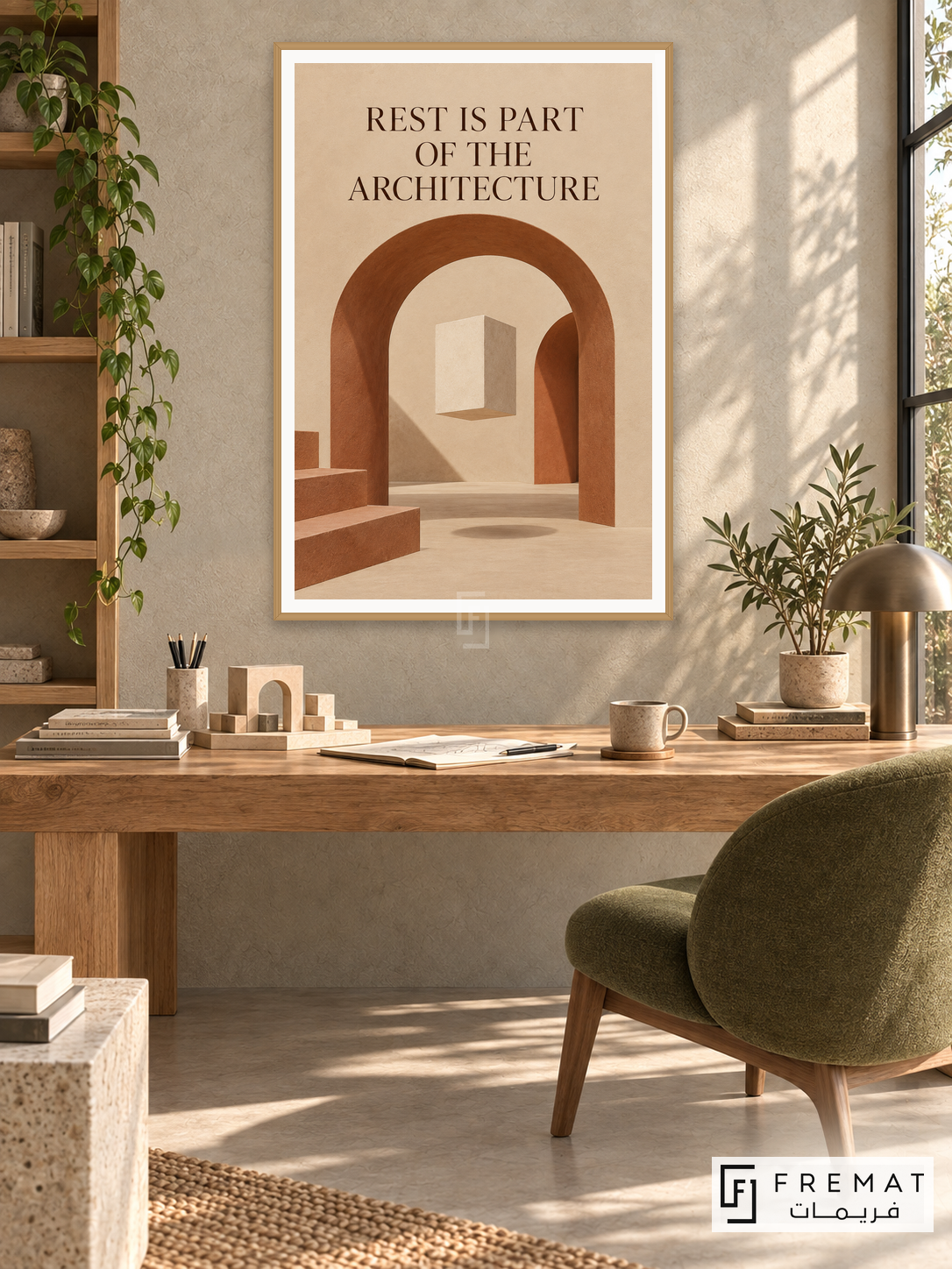 Architecture of Rest (quo06), English quote artwork in a slim light wood-grain PVC frame with a white printed border. Architect office retreat.