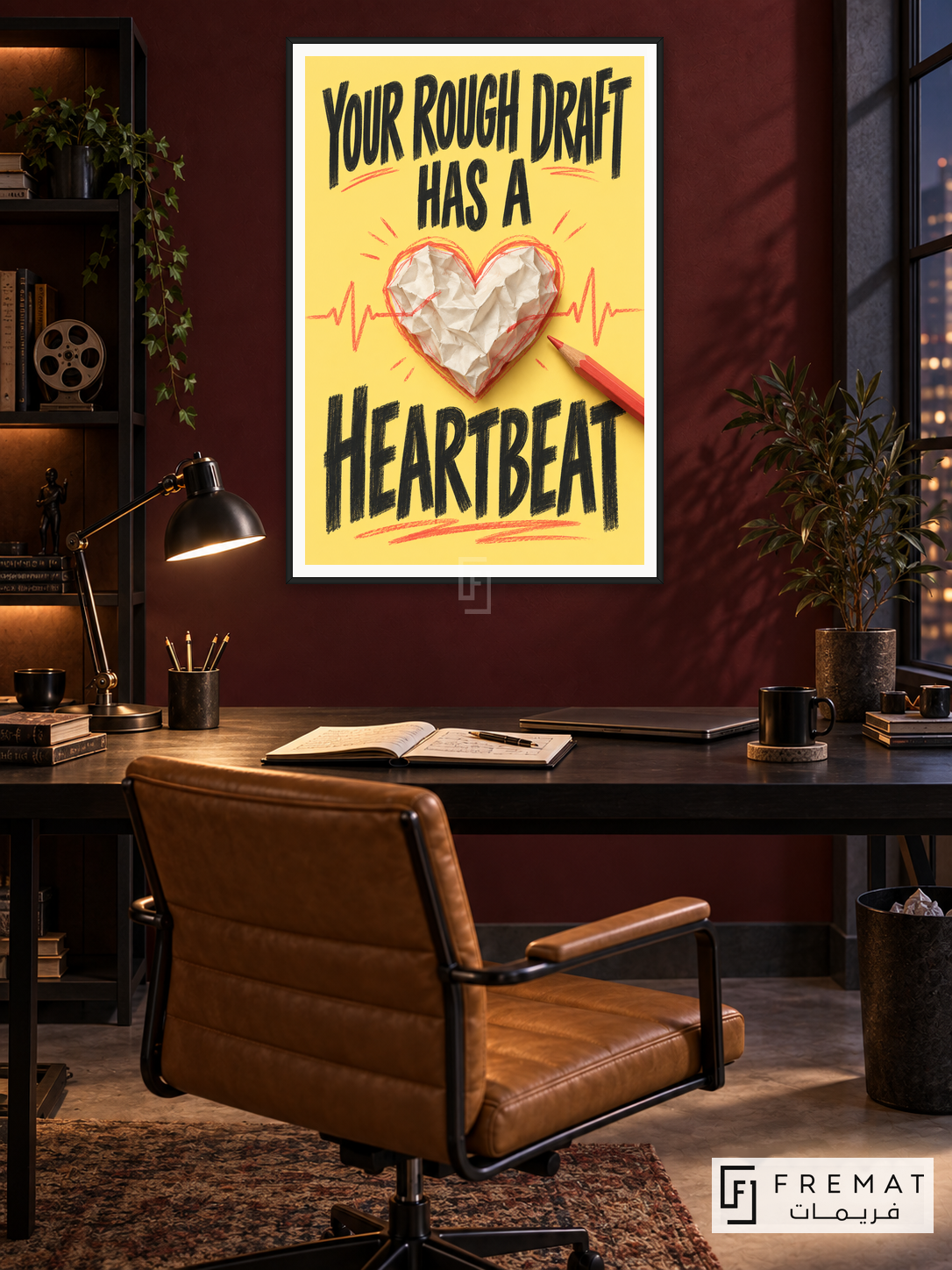 Rough Draft Heartbeat (quo07), English quote artwork in a slim matte black PVC frame with a white printed border. Screenwriter office.