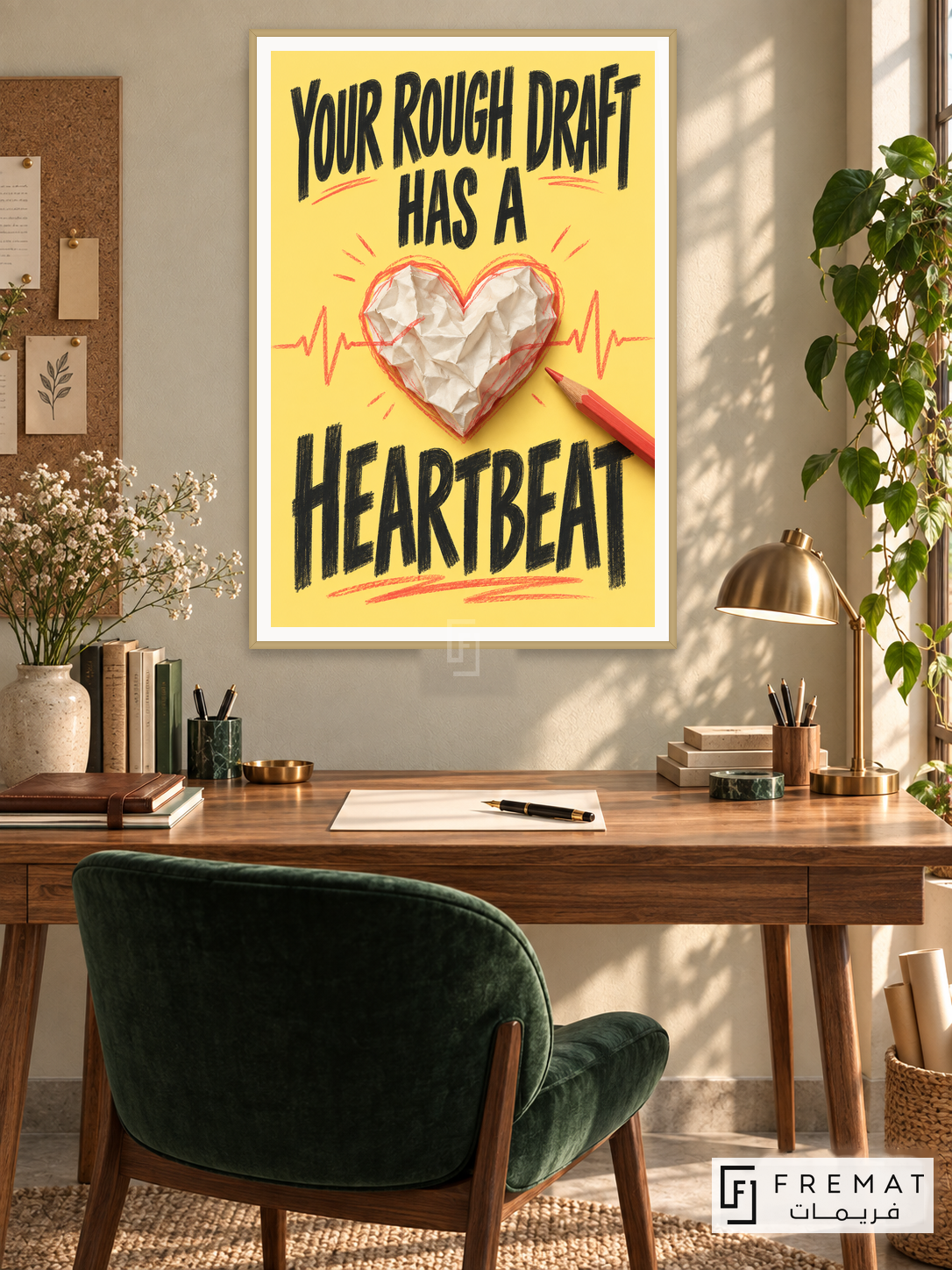 Rough Draft Heartbeat (quo07), English quote artwork in a slim champagne gold PVC frame with a white printed border. Poetry workshop.
