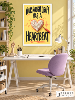 Rough Draft Heartbeat (quo07), English quote artwork in a slim satin white PVC frame with a white printed border. Animation sketch studio.
