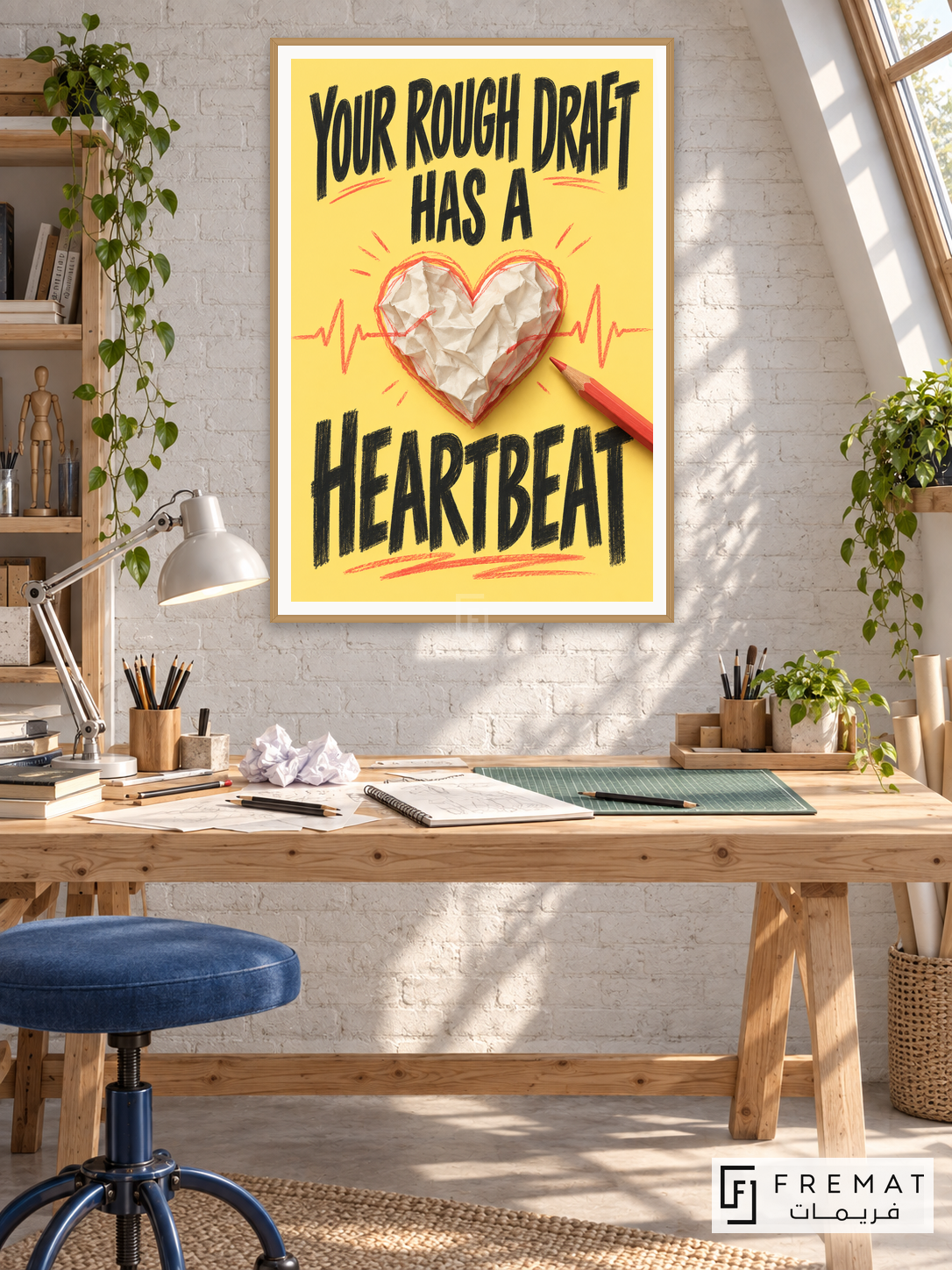 Rough Draft Heartbeat (quo07), English quote artwork in a slim light wood-grain PVC frame with a white printed border. Illustrator studio.