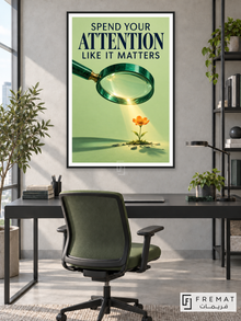 Attention in Bloom (quo08), English quote artwork in a slim matte black PVC frame with a white printed border. Research office.