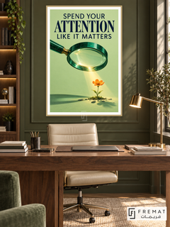 Attention in Bloom (quo08), English quote artwork in a slim champagne gold PVC frame with a white printed border. Editors office.