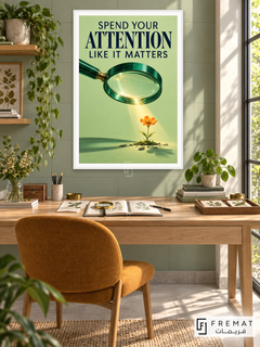 Attention in Bloom (quo08), English quote artwork in a slim satin white PVC frame with a white printed border. Botanical illustration studio.