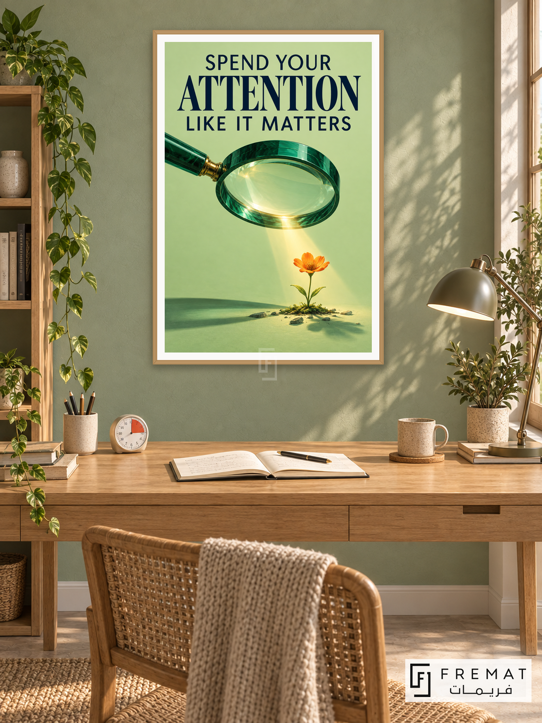 Attention in Bloom (quo08), English quote artwork in a slim light wood-grain PVC frame with a white printed border. Focused study room.