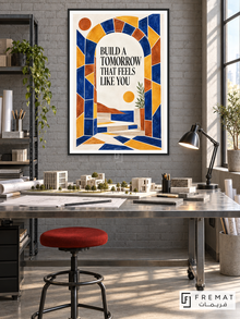 Tomorrow in Color (quo09), English quote artwork in a slim matte black PVC frame with a white printed border. Urban planning workshop.