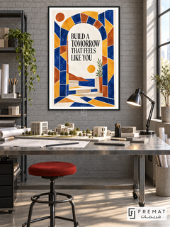 Tomorrow in Color (quo09), English quote artwork in a slim matte black PVC frame with a white printed border. Urban planning workshop.