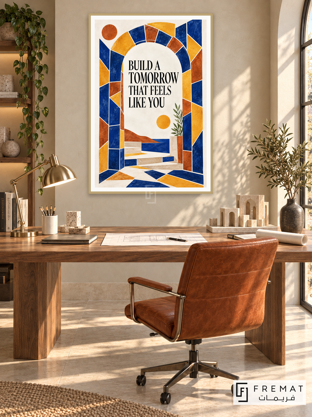 Tomorrow in Color (quo09), English quote artwork in a slim champagne gold PVC frame with a white printed border. Architect dream studio.