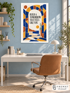 Tomorrow in Color (quo09), English quote artwork in a slim satin white PVC frame with a white printed border. Entrepreneur home office.