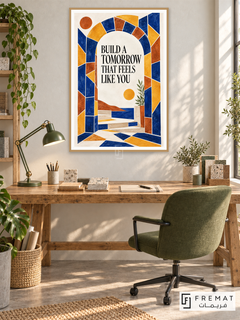 Tomorrow in Color (quo09), English quote artwork in a slim light wood-grain PVC frame with a white printed border. Sustainable design office.