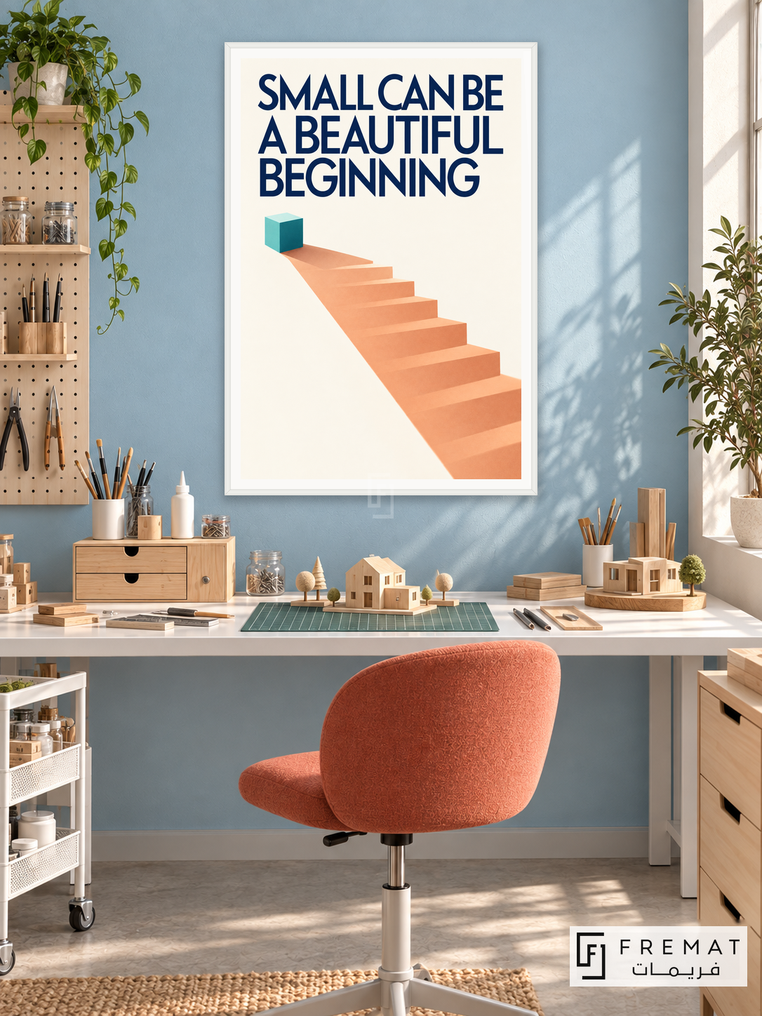 Beautiful Beginning (quo10), English quote artwork in a slim satin white PVC frame with a white printed border. Miniature maker workshop.