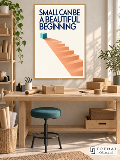 Beautiful Beginning (quo10), English quote artwork in a slim light wood-grain PVC frame with a white printed border. Microbusiness packing studio.