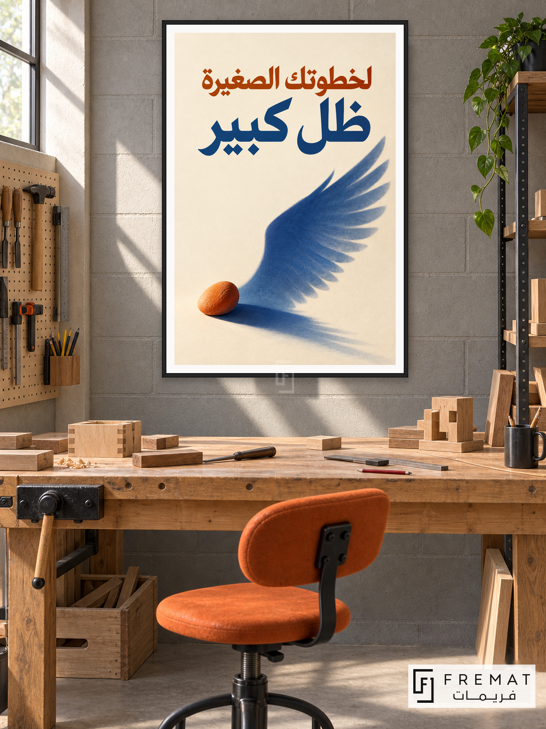 Small Steps, Wide Wings (quo11), Arabic quote artwork in a slim matte black PVC frame with a white printed border. Apprentice woodworking corner.