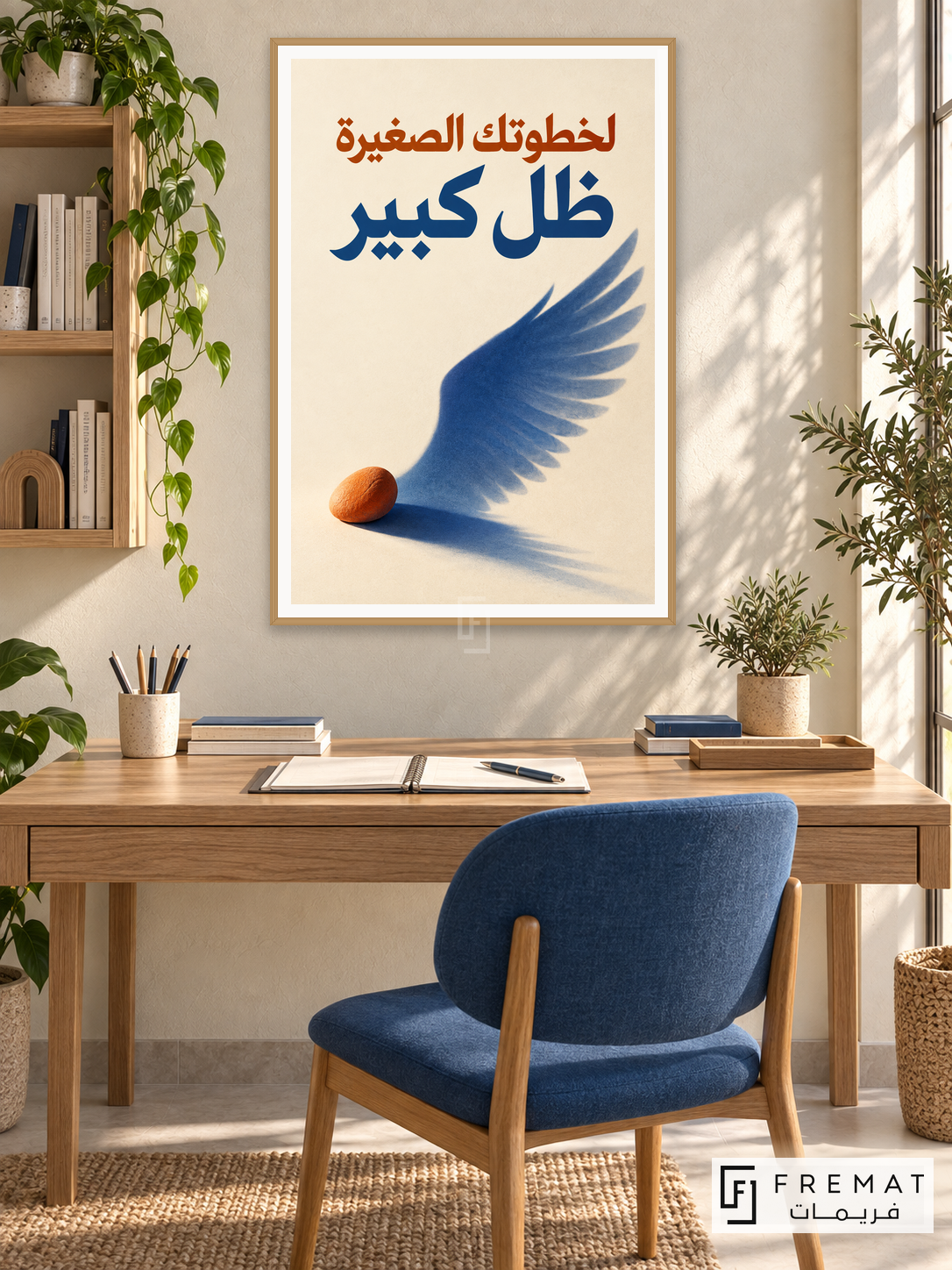 Small Steps, Wide Wings (quo11), Arabic quote artwork in a slim light wood-grain PVC frame with a white printed border. Arabic learning studio.