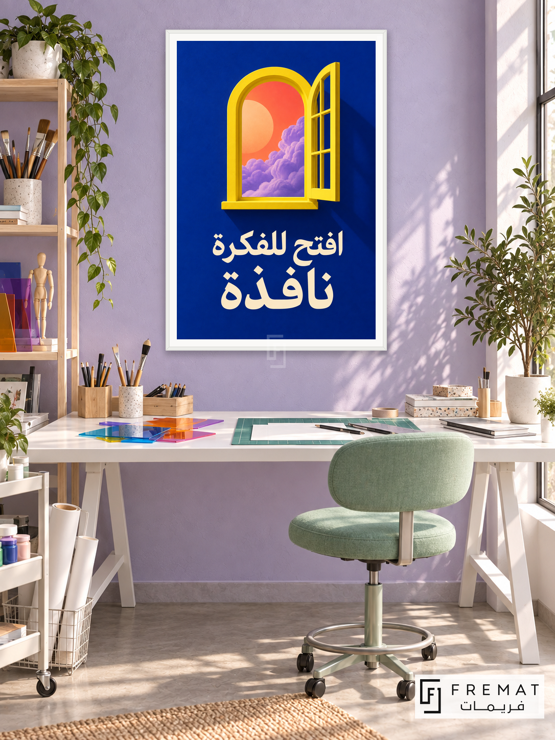 Window for an Idea (quo12), Arabic quote artwork in a slim satin white PVC frame with a white printed border. Window-side art studio.