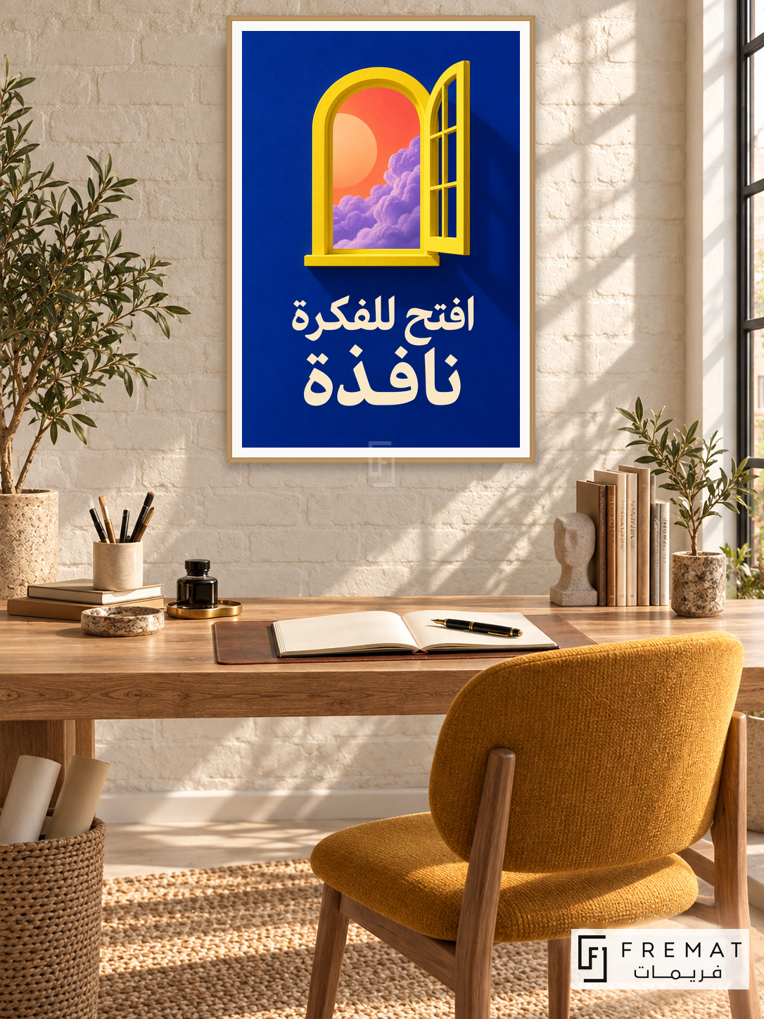 Window for an Idea (quo12), Arabic quote artwork in a slim light wood-grain PVC frame with a white printed border. Arabic creative writing atelier.