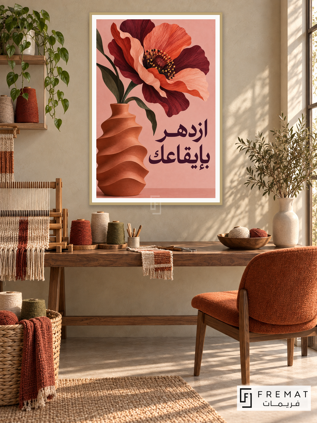 Bloom at Your Rhythm (quo13), Arabic quote artwork in a slim champagne gold PVC frame with a white printed border. Textile weaving atelier.
